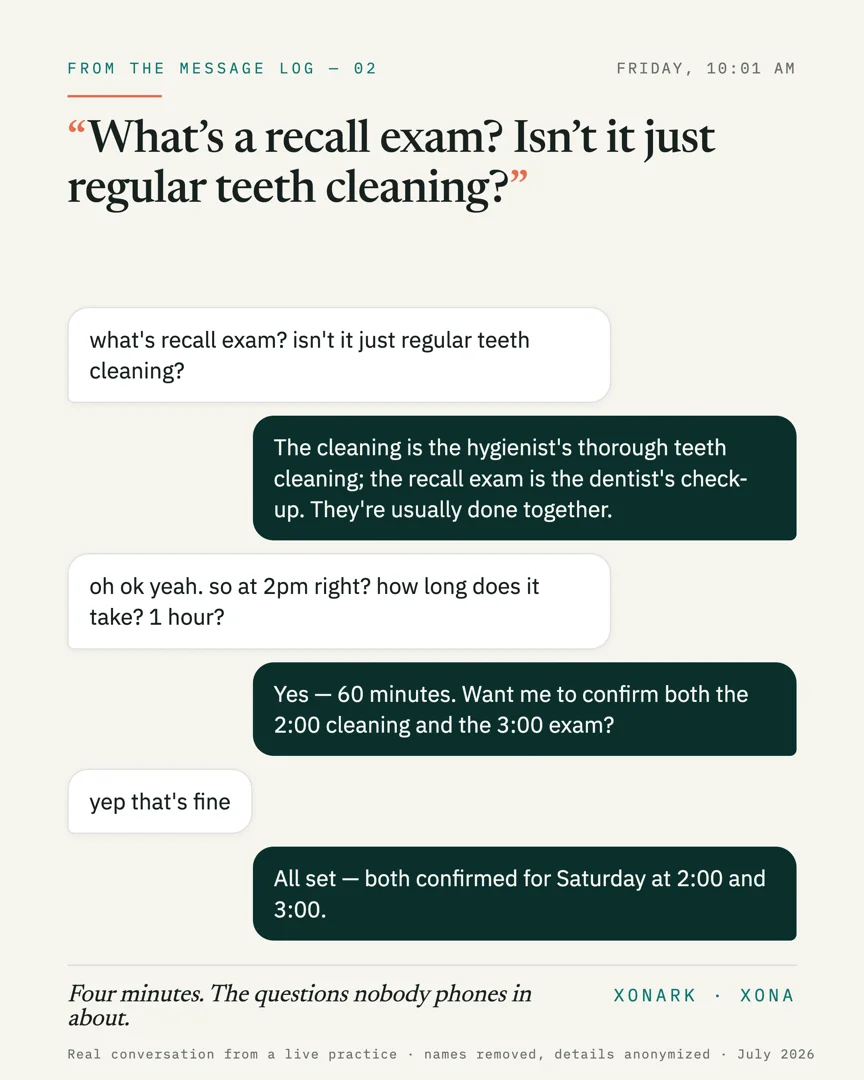 Episode 02 — real conversation card: What’s a recall exam? Isn’t it just regular teeth cleaning?