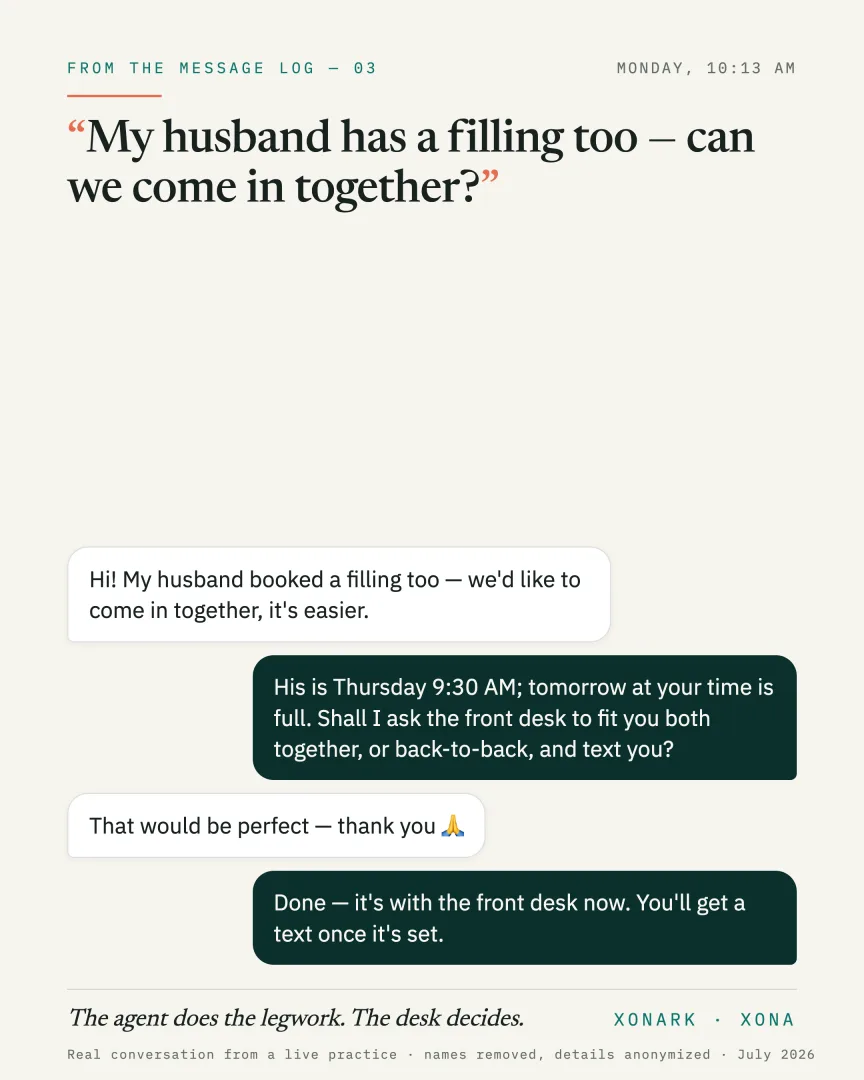 Episode 03 — real conversation card: My husband has a filling too — can we come in together?