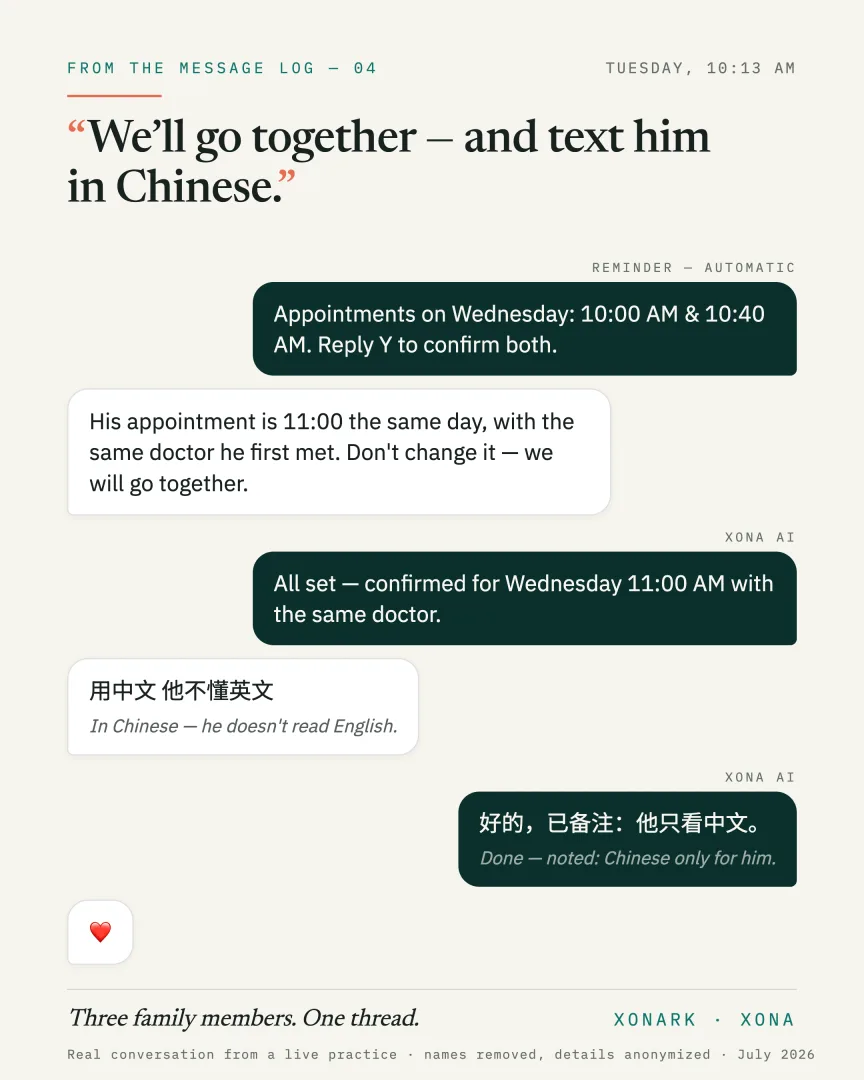Episode 04 — real conversation card: 用中文 他不懂英文 — in Chinese, he doesn’t read English.