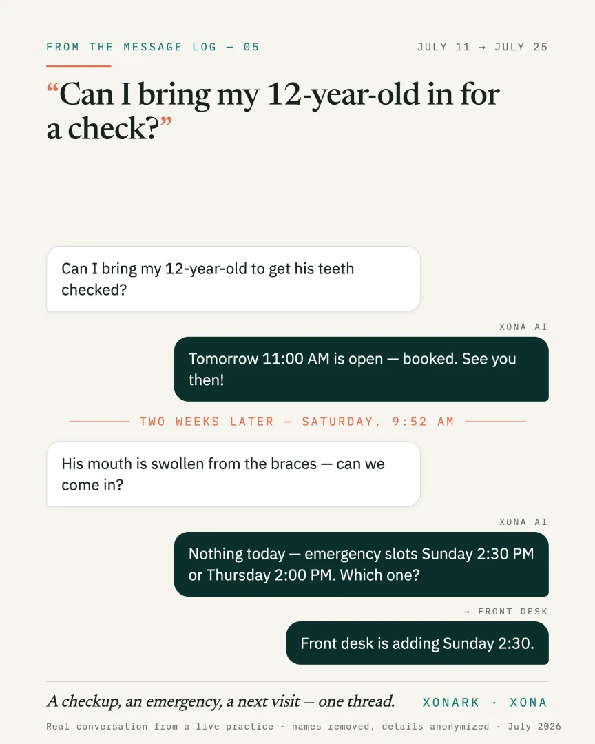 Episode 05 — real conversation card: His mouth is swollen from the braces — can we come in?