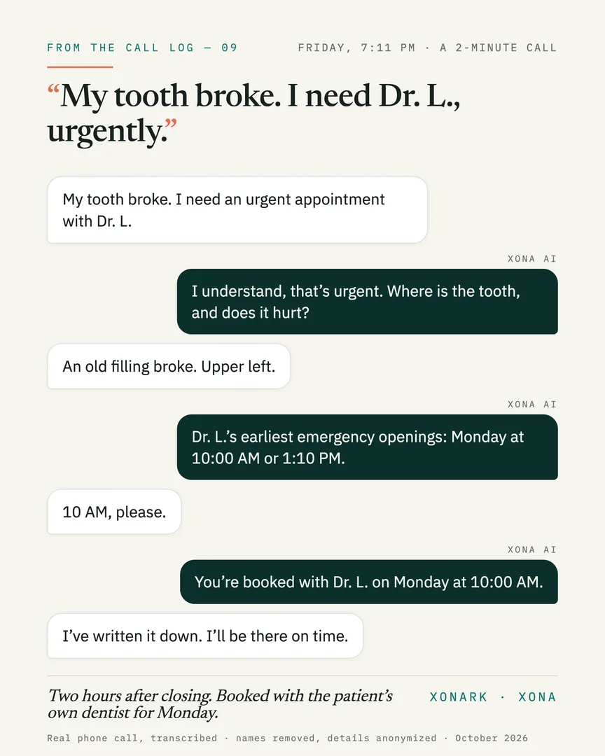 Real call card: My tooth broke. I need Dr. L., urgently.