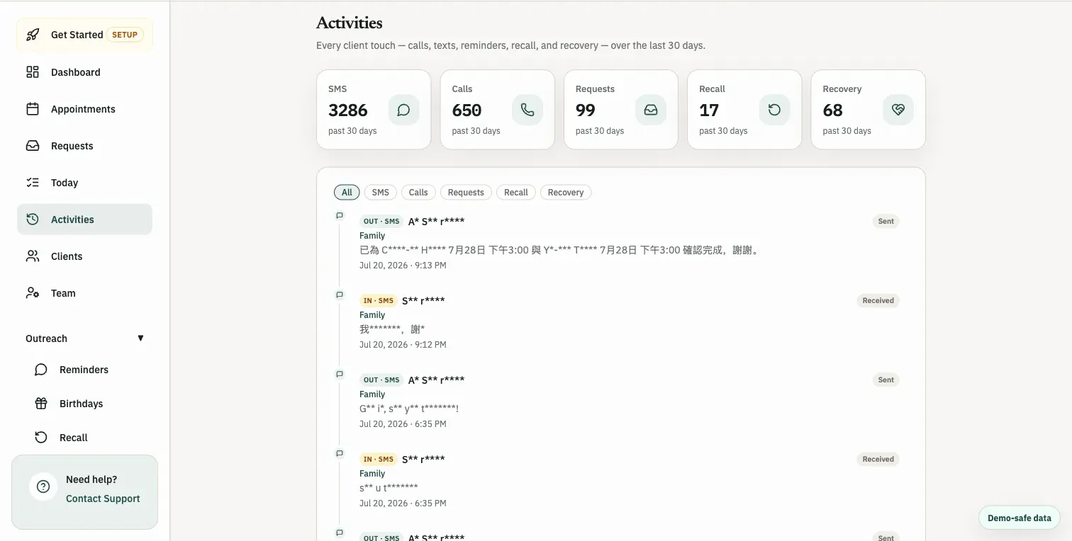 Xona Activities feed listing sent reminders, calls and their outcomes
