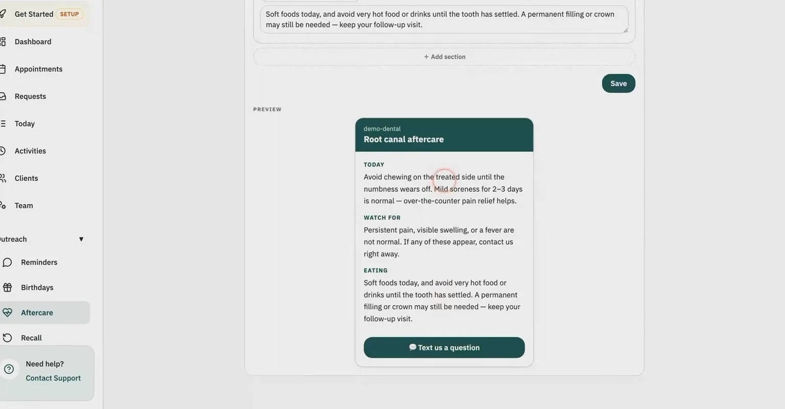 Xona care page editor with section fields and a live preview of the patient aftercare page