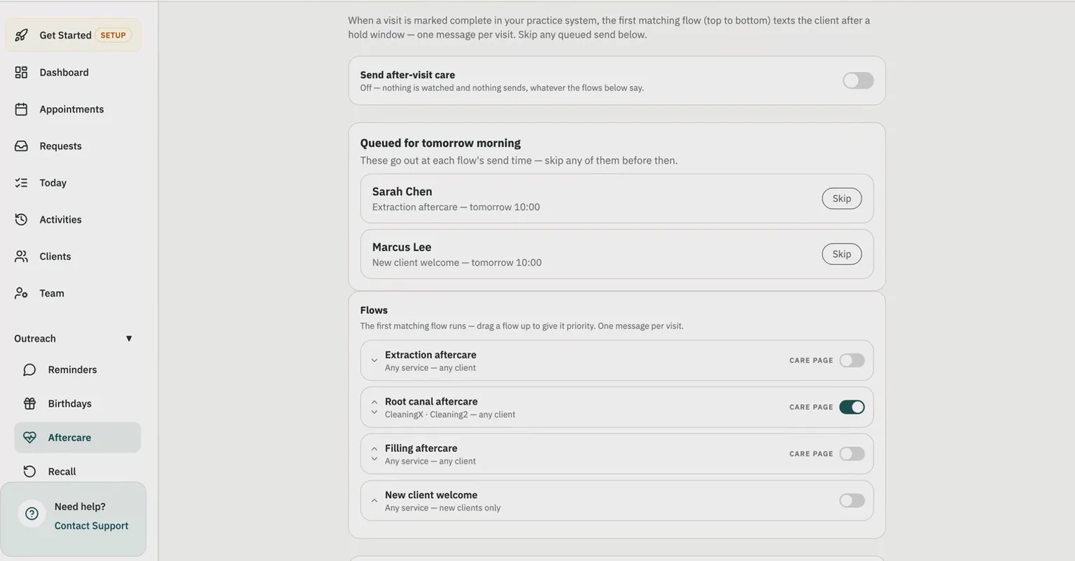 Xona after-visit care settings showing the master send toggle switched off