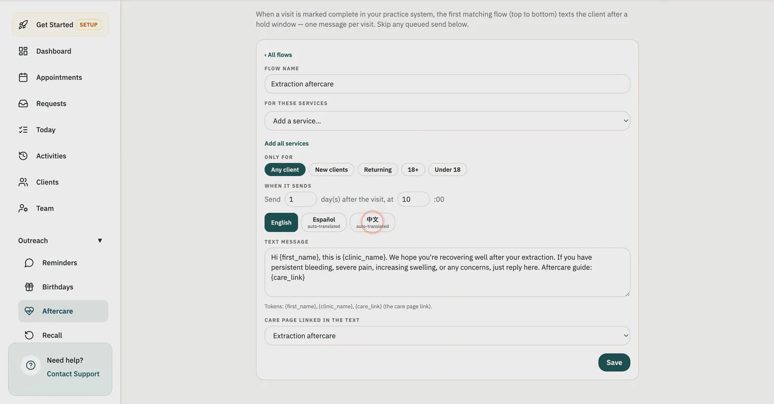 Xona after-visit care flow editor showing services, timing, language tabs and the message template