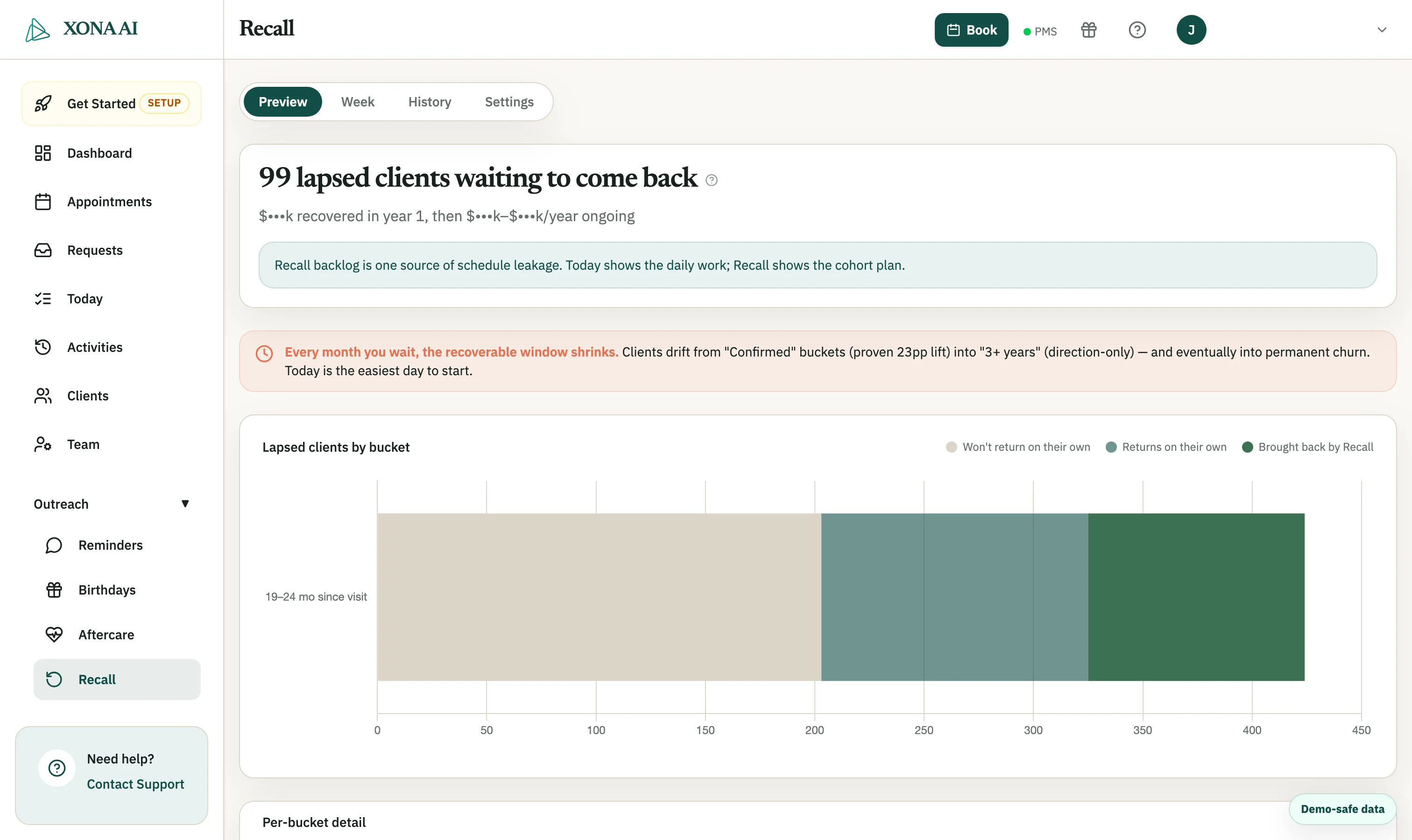 Xona Recall showing lapsed patients grouped into buckets by time since last visit