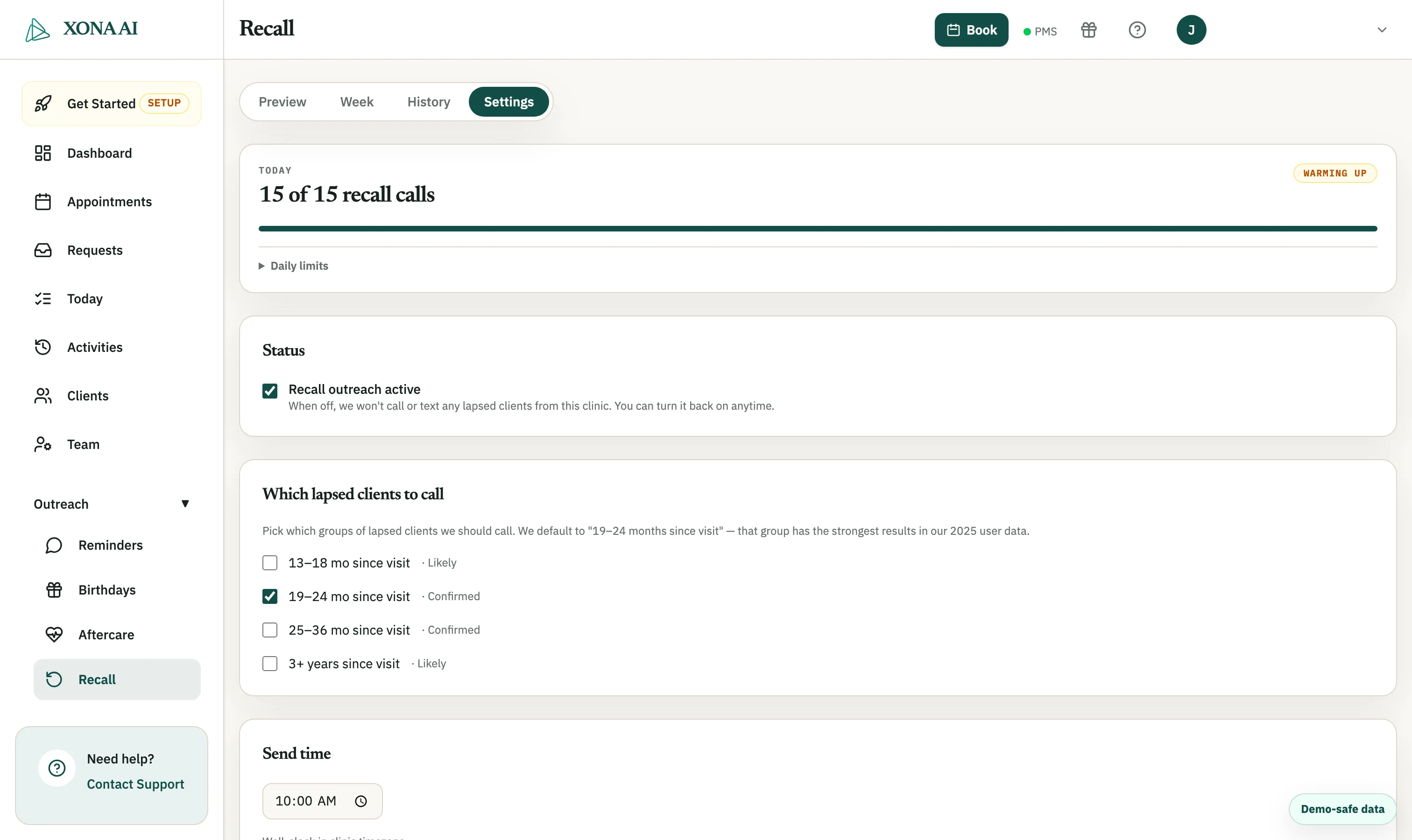 Xona recall settings showing the active toggle, patient groups, daily limits and send time