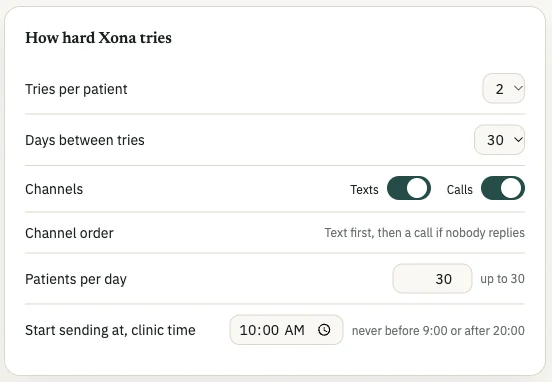 Xona recall settings card: tries per patient, days between tries, texts and calls, text first then a call, patients per day, start time