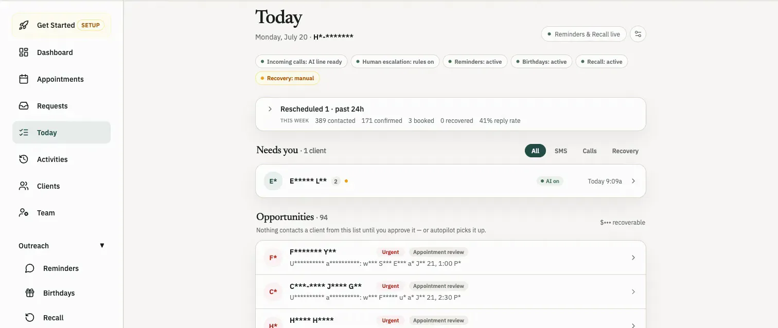 Xona Today queue showing opportunities and review items with patient names masked