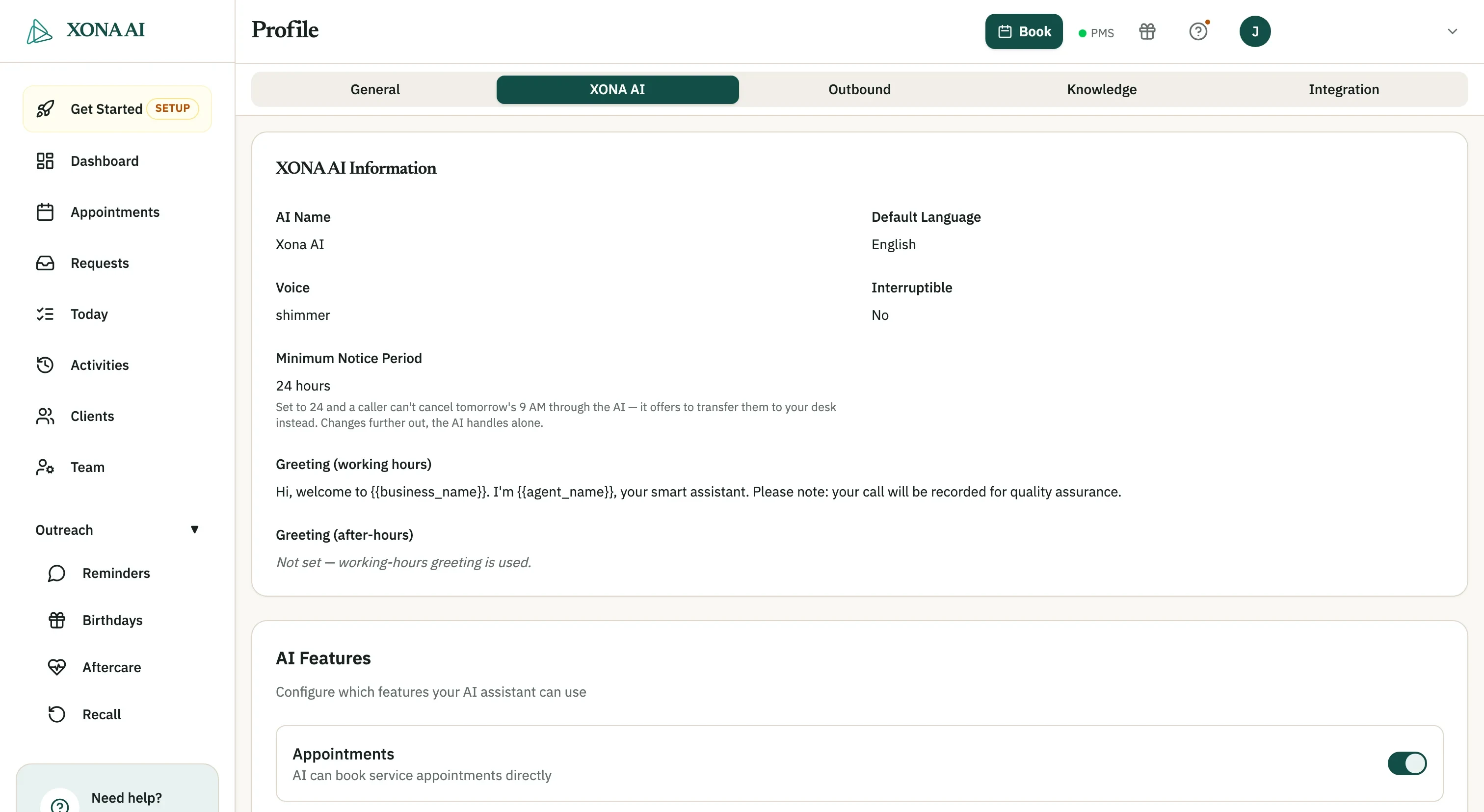 Xona AI settings showing the agent name, voice, minimum notice period, greetings, and the toggle that lets it book appointments