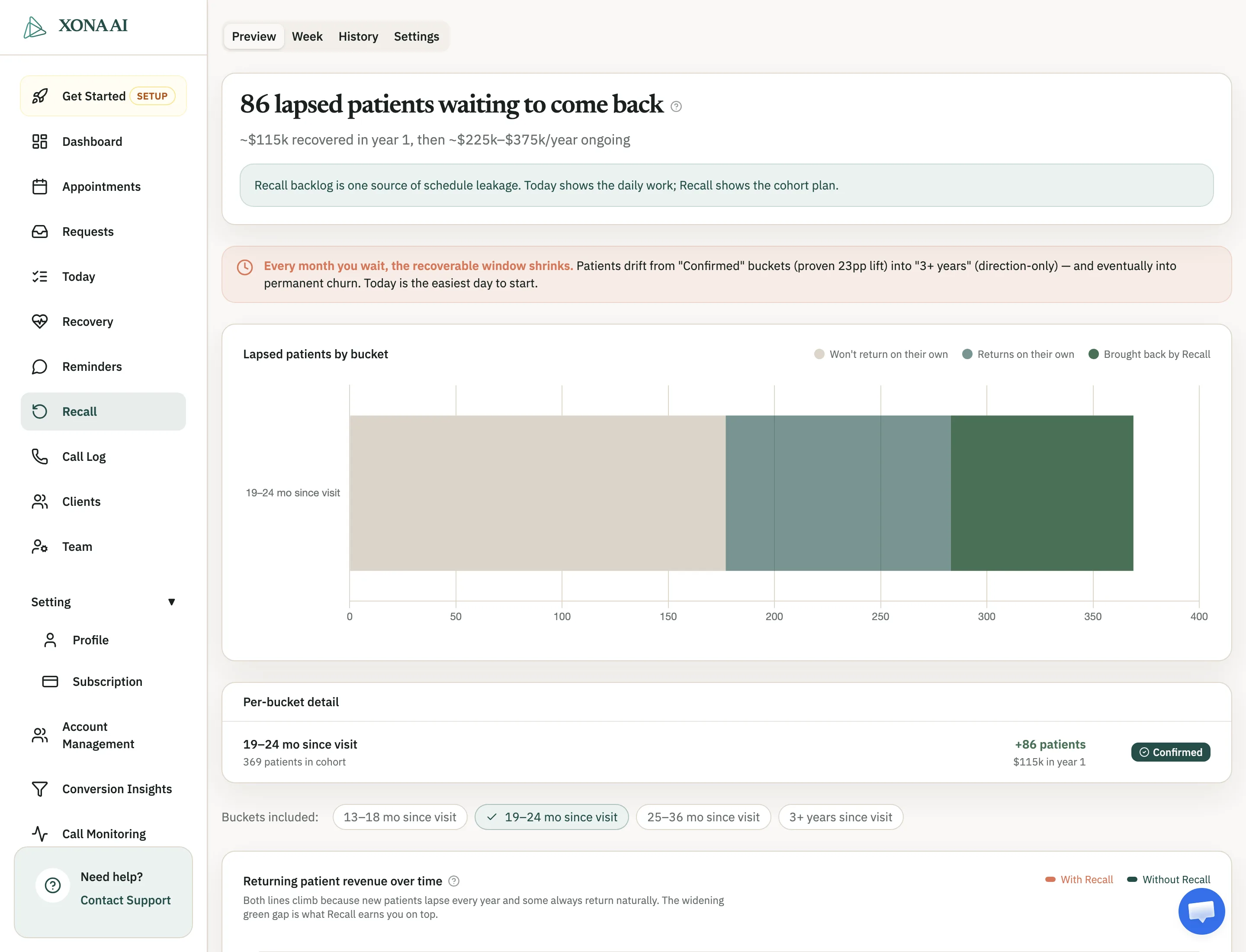 Xona Recall dashboard showing lapsed patients by bucket and estimated recovery opportunity