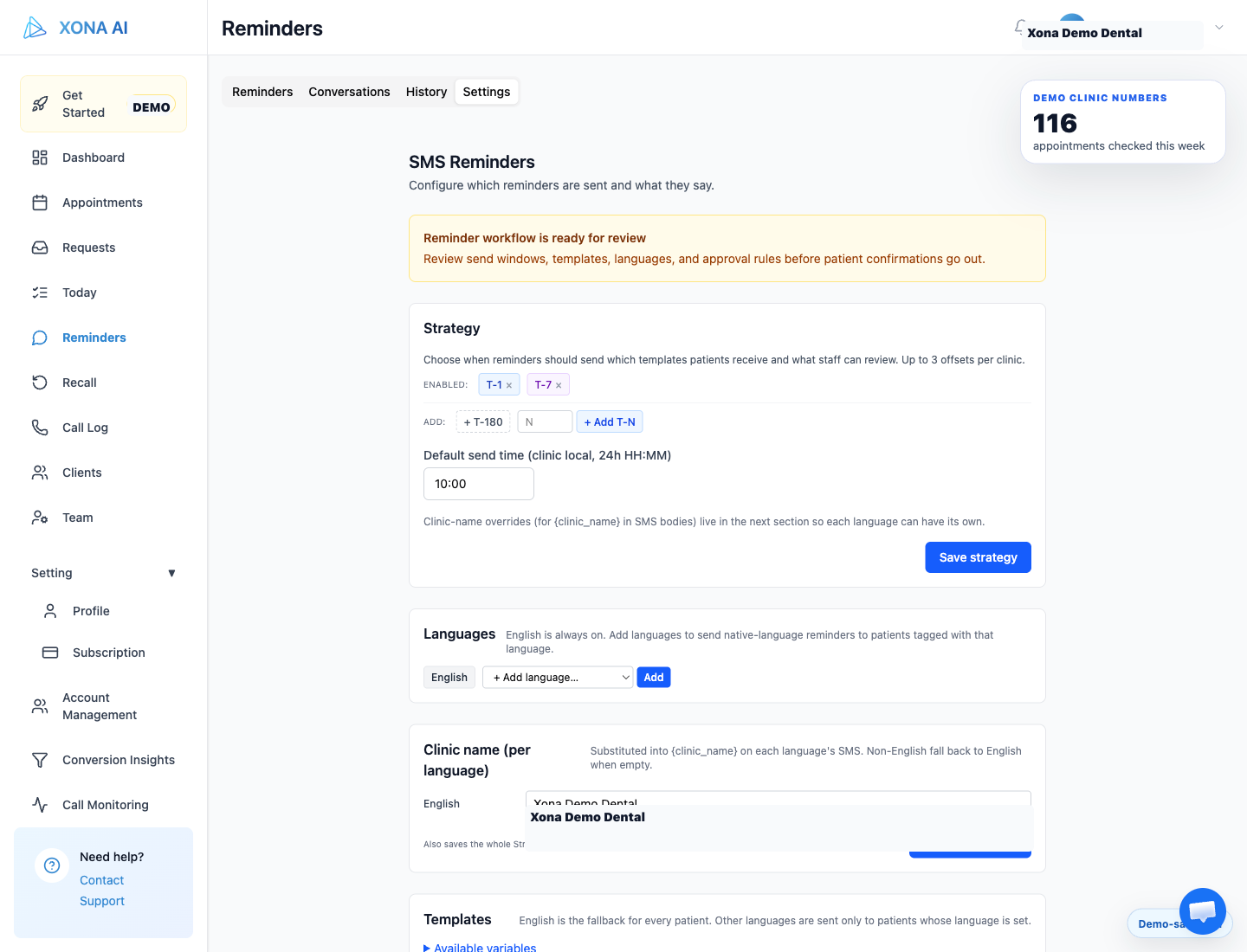 Xona Reminders settings showing send windows, staff review rules, and template controls