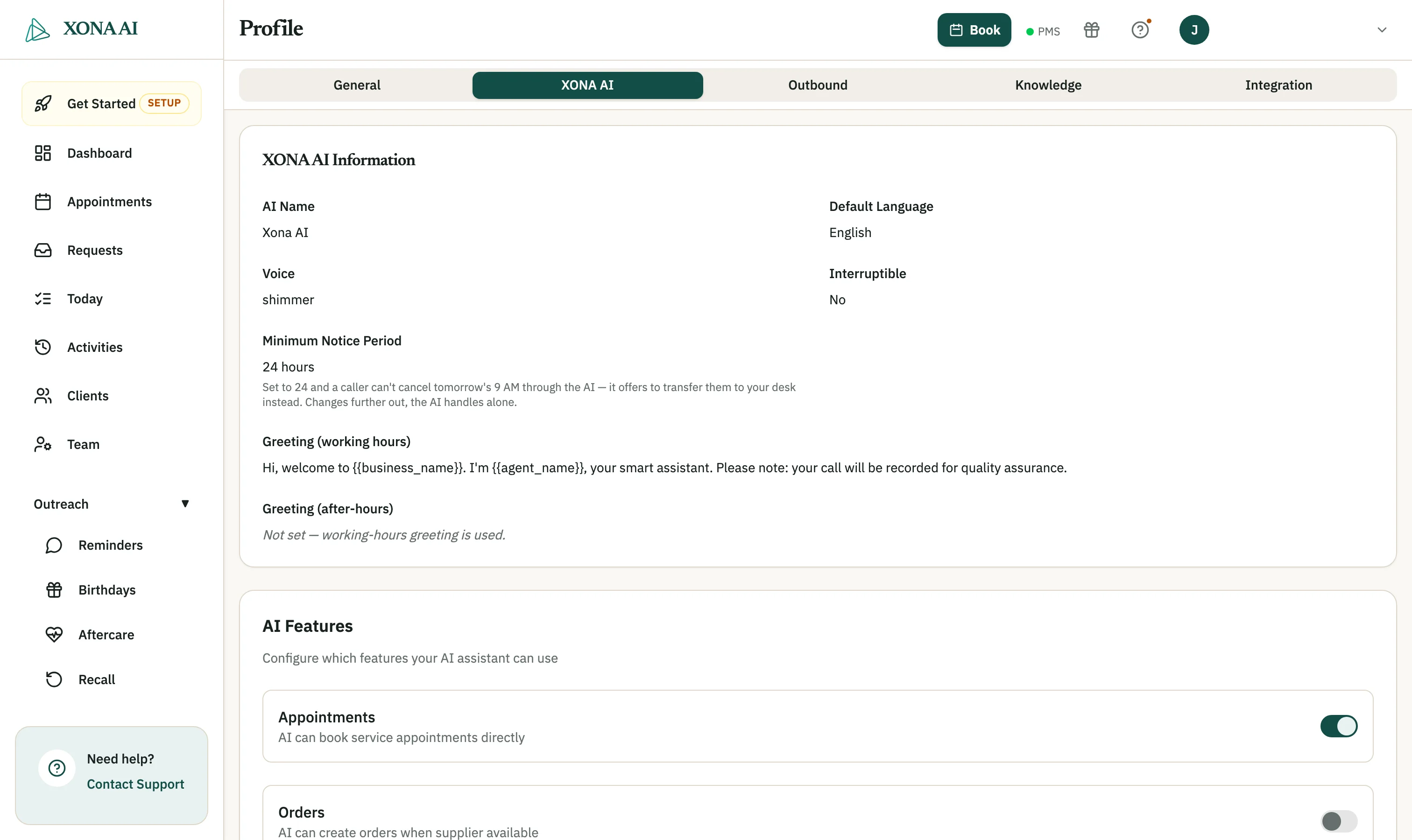 Xona AI settings showing agent instructions, escalation rules and boundaries